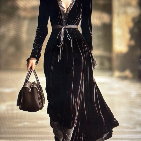 Oyrosy Dresses & Skirts - Velvet Lace-Trim Wrap Maxi Dress in Black